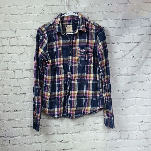 Hollister Blue Plaid Soft Flannel Roll up Long Sleeve Shirt Button Down Medium - Picture 2 of 10